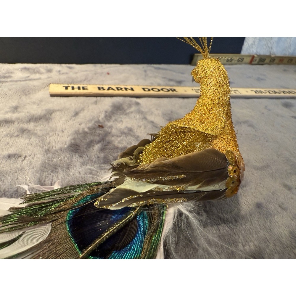 Vintage Gold Pinkish Peacock Real Feathers Clip On Christmas holiday ornament - Picture 10 of 11